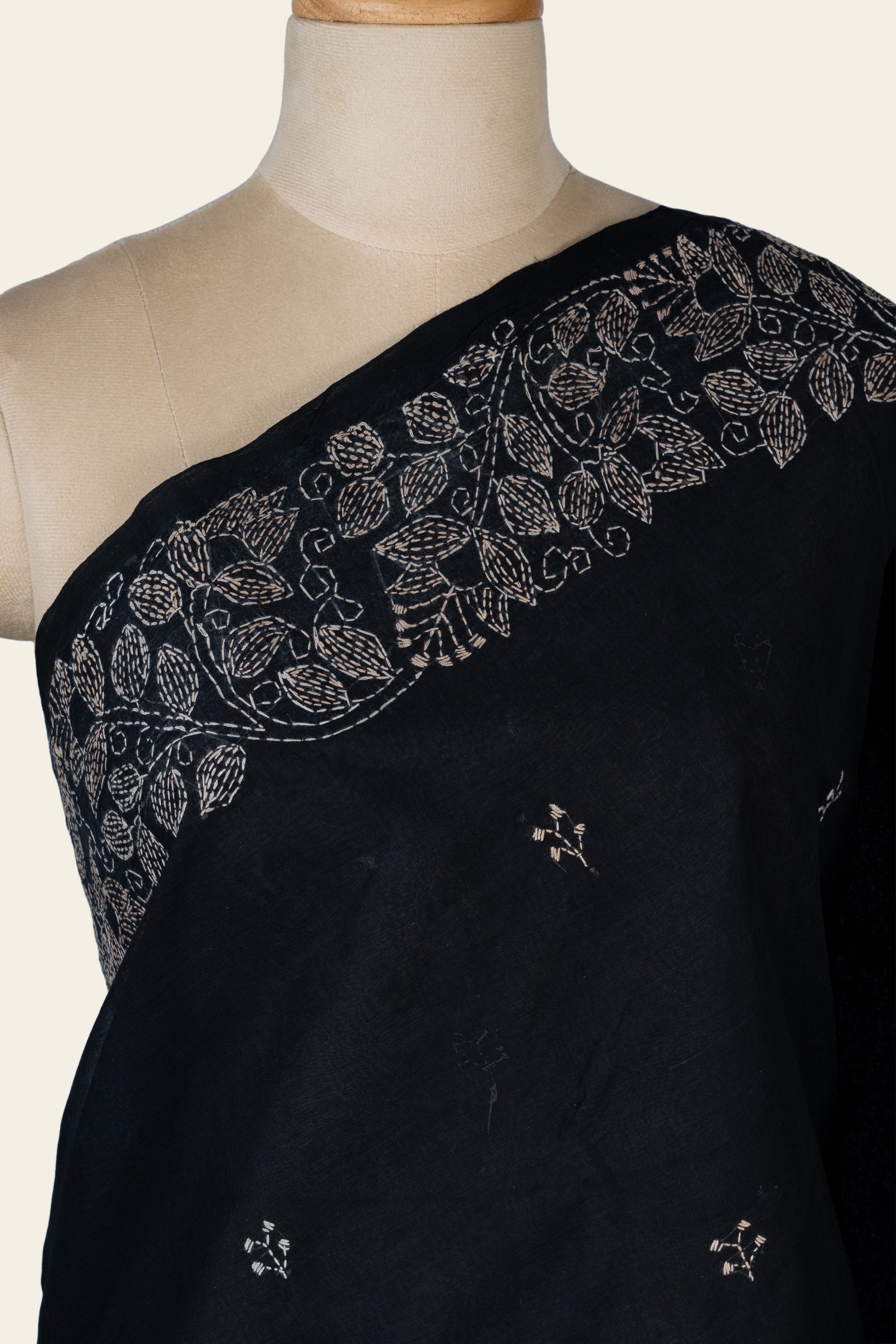 Black Bengal Kantha Stitch Pure Cotton Saree