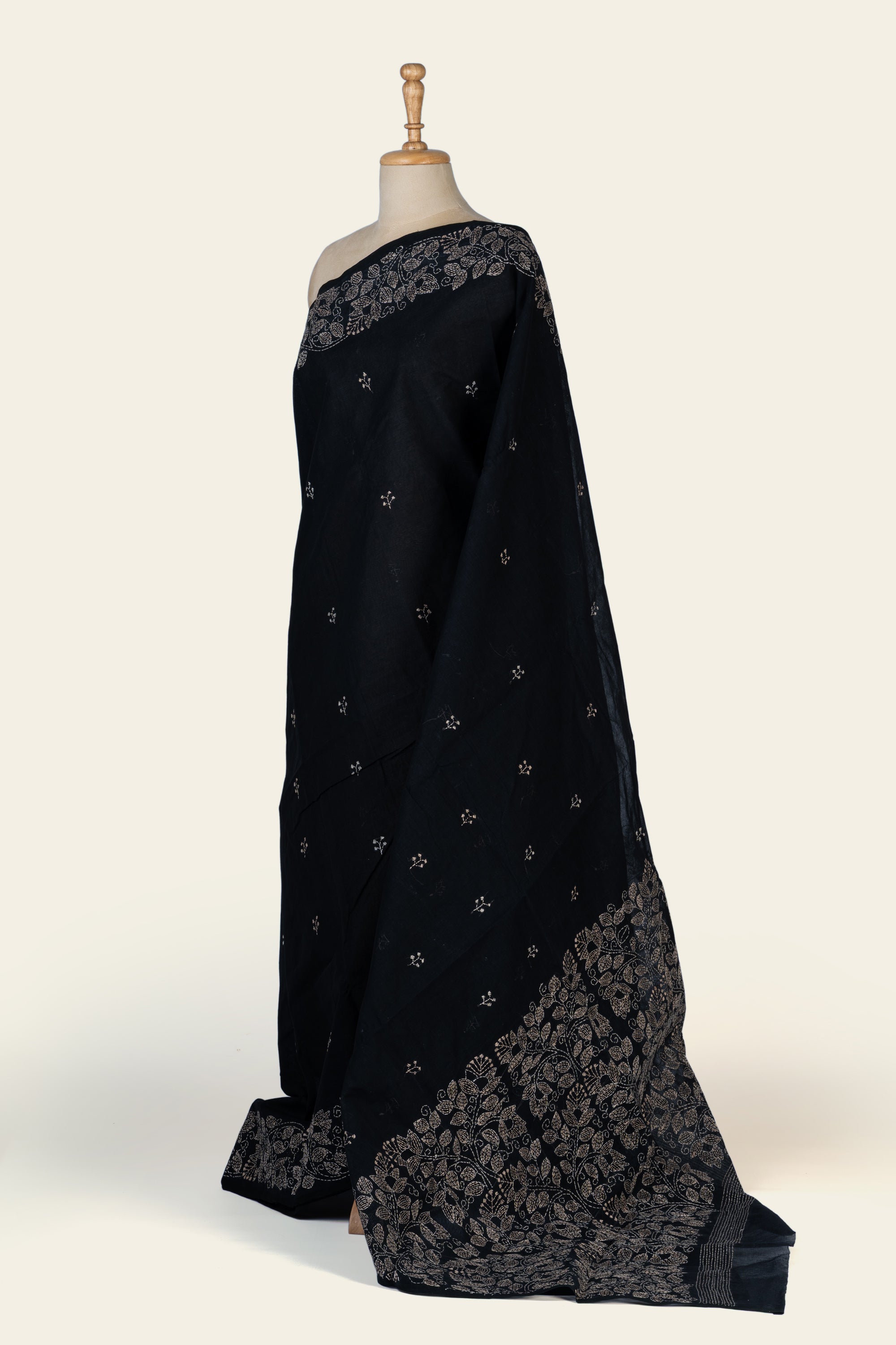 Black Bengal Kantha Stitch Pure Cotton Saree