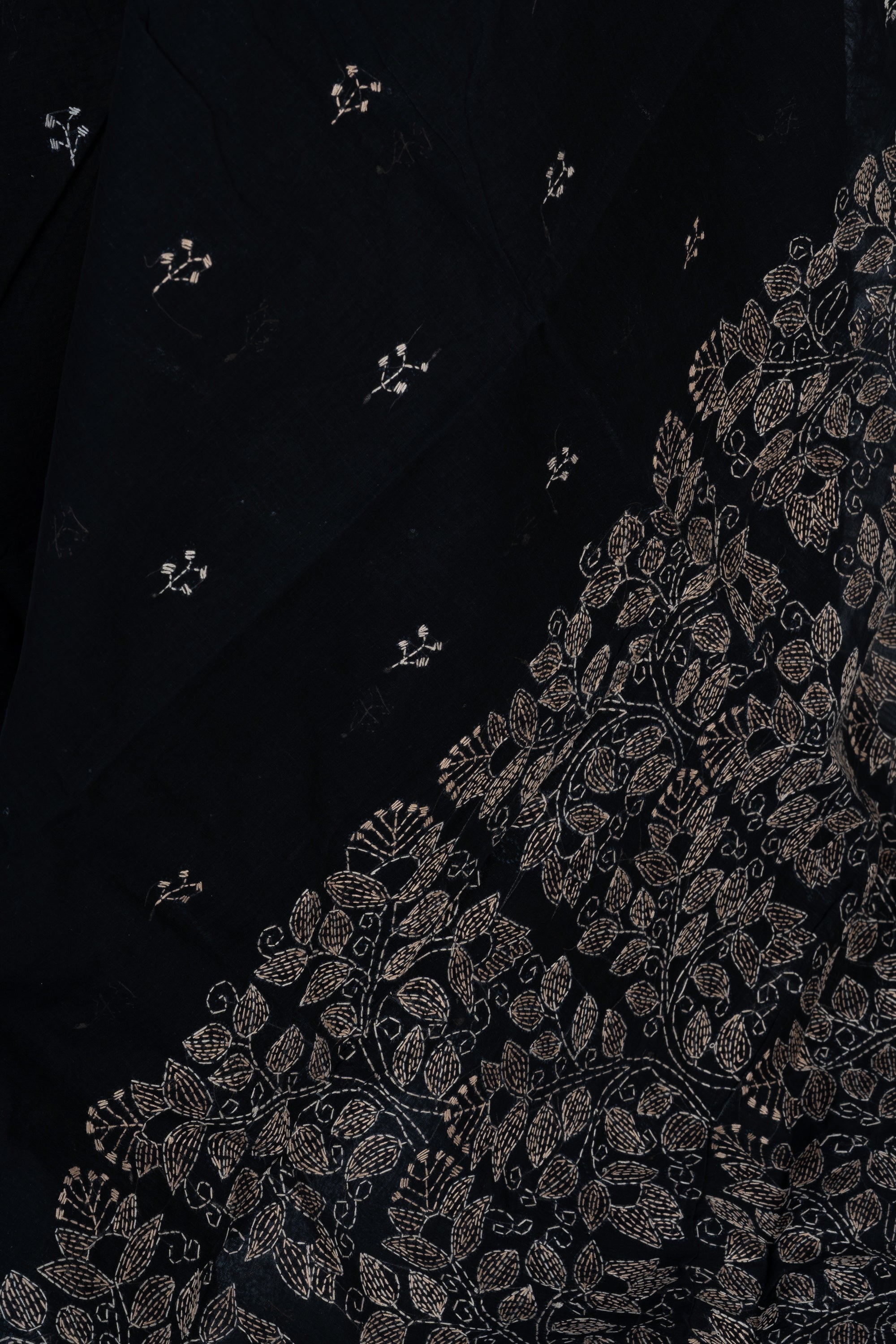 Black Bengal Kantha Stitch Pure Cotton Saree