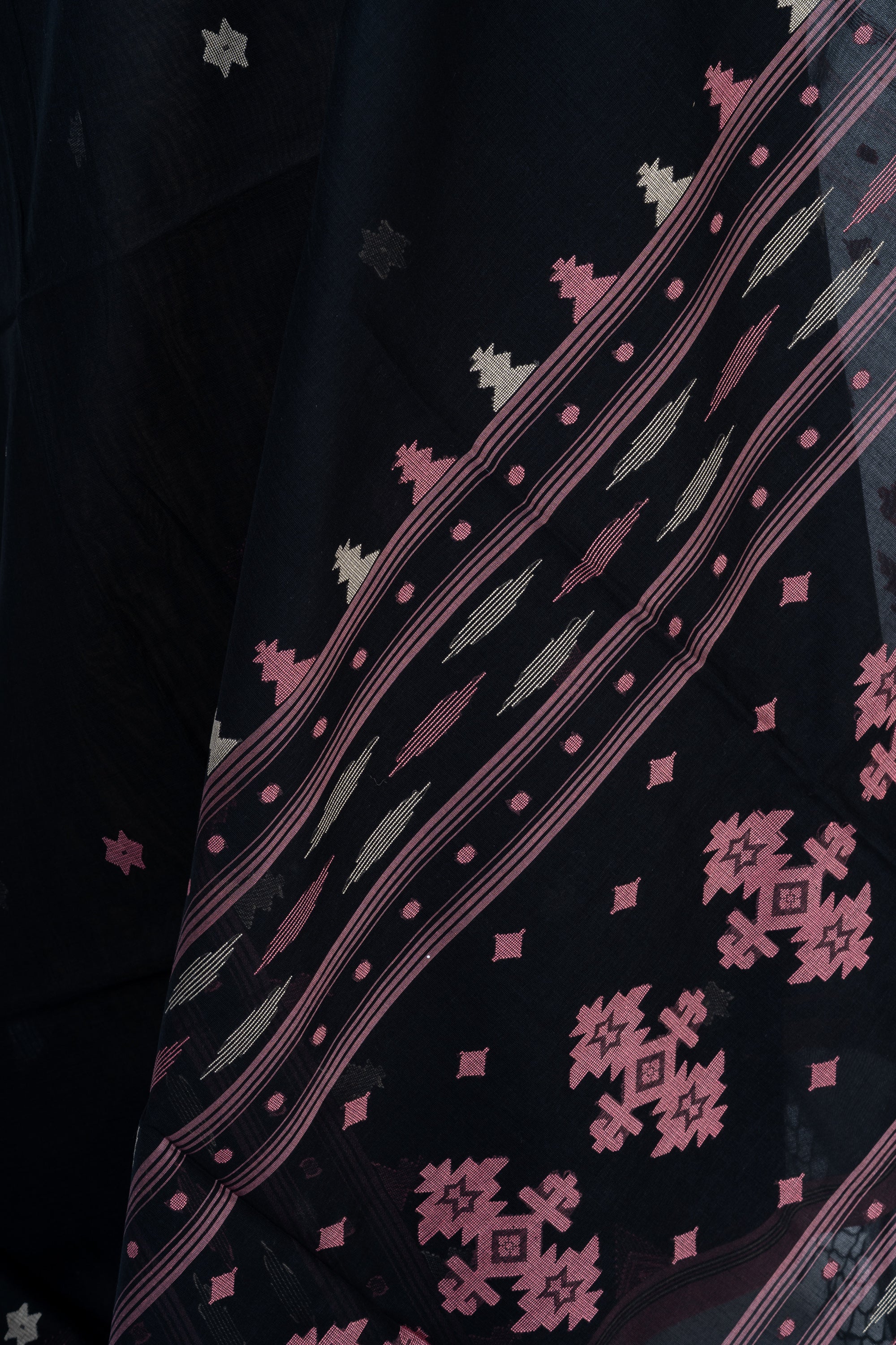 Onyx Black Handwoven Bengal Cotton Jamdani Saree