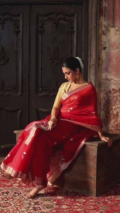 Model wearing red Chanderi Handloom saree with golden border